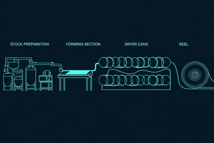 Schematic mill layout showing stock prep, wet end, dryers and reel without a street address