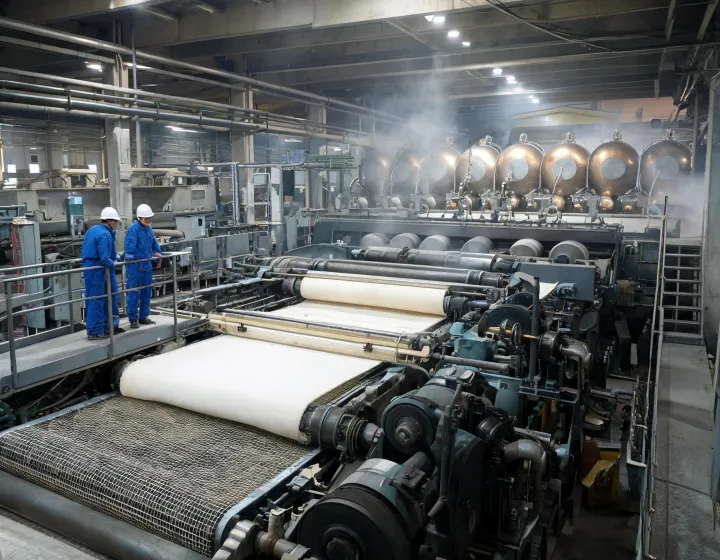 Paper making machine wet end with forming section and press nips in a mill hall